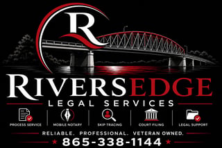 Rivers Edge Legal Services logo featuring a bridge design with red and white styling, contact number 865-338-1144, and tagline Reliable Professional Veteran Owned